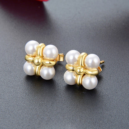 925 sterling silver gold plated 4 pearls stud earrings (10 pairs)