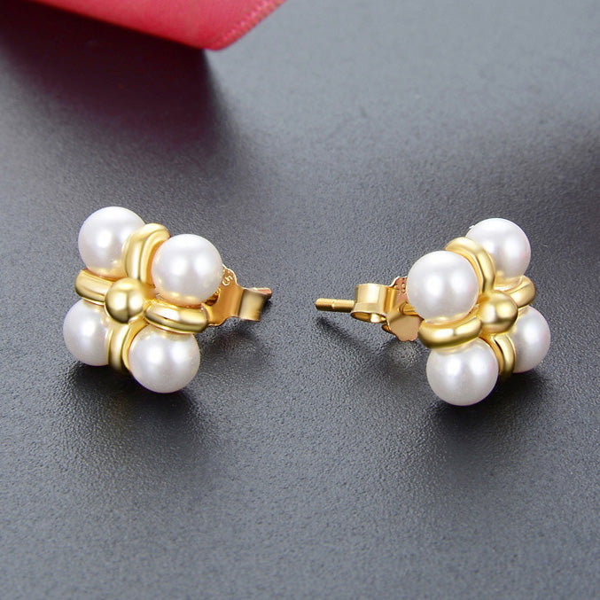 925 sterling silver gold plated 4 pearls stud earrings (10 pairs)