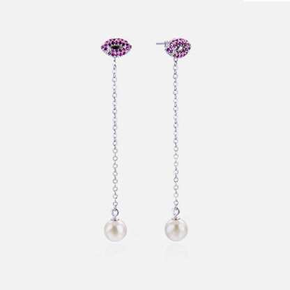 Boucles d'oreilles à tige en argent sterling 925 avec chaîne à pompons longs et perles roses (10 paires)