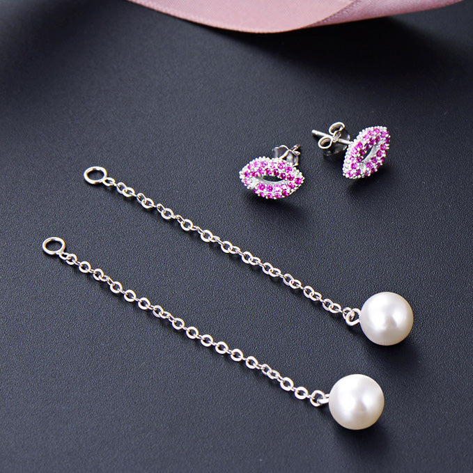 925 sterling silver long tassels chain pearl pink kiss lip stud earrings (10 pairs)
