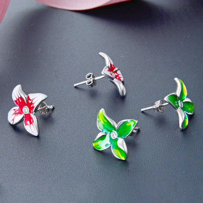 Boucles d'oreilles clous fleur 3D en argent sterling 925, émail vert rouge (10 paires)