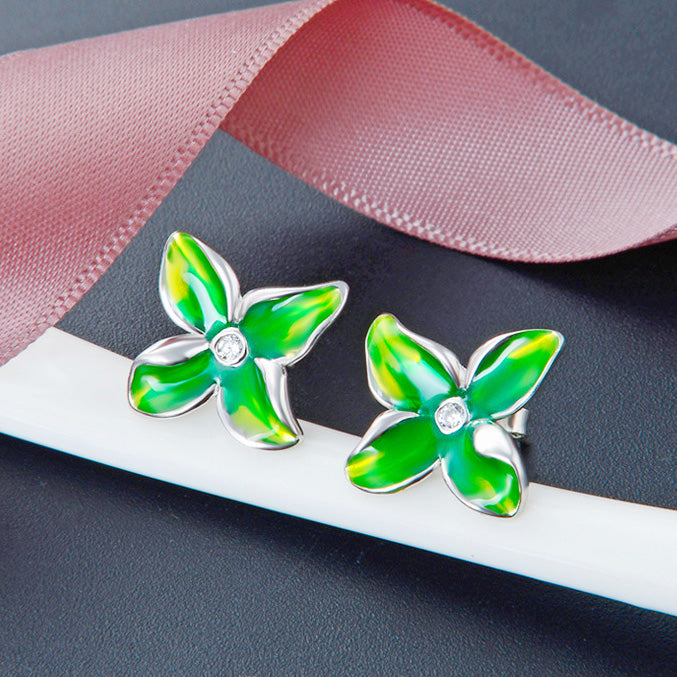 Boucles d'oreilles clous fleur 3D en argent sterling 925, émail vert rouge (10 paires)