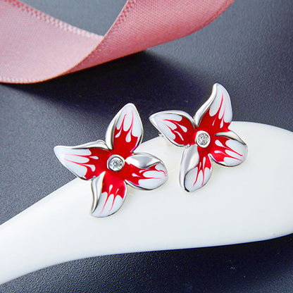 925 sterling silver red green enamel 3D flower stud earrings (10 pairs)