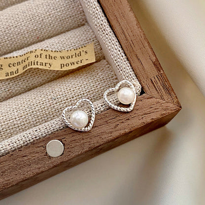 925 sterling silver hollow heart pearl stud earrings (10 pairs)