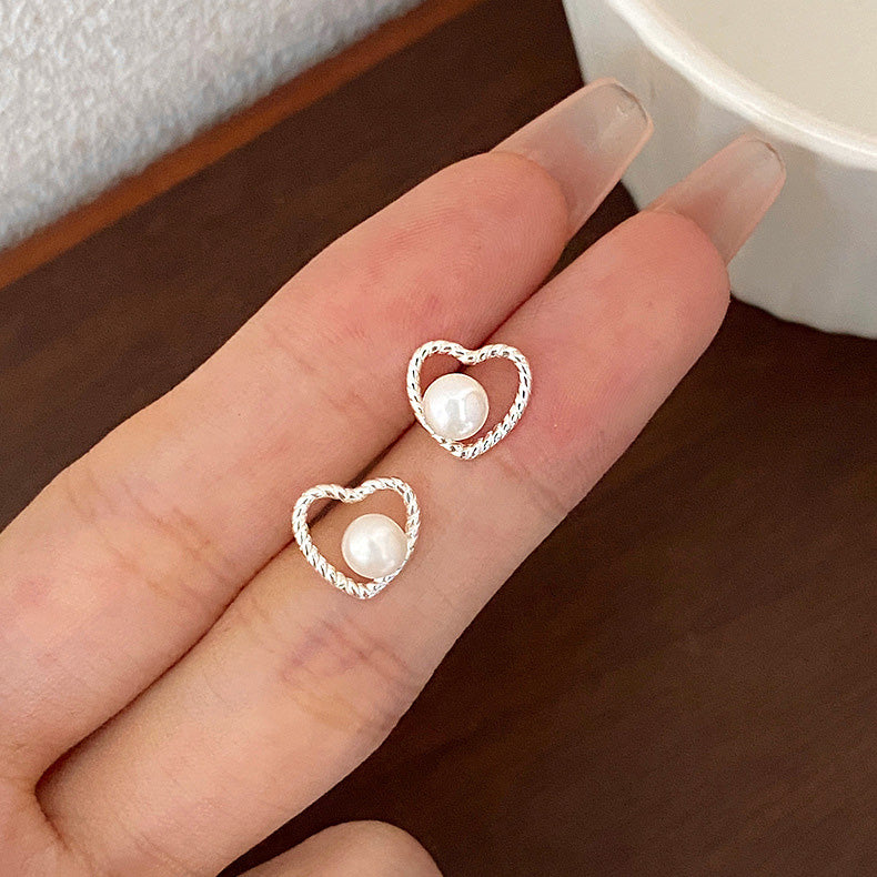 925 sterling silver hollow heart pearl stud earrings (10 pairs)