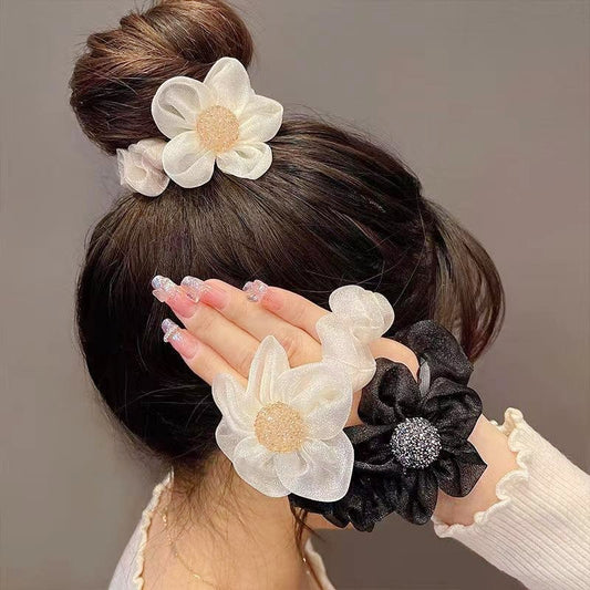 Lace hair accessory shiny organza flower design hair tie scrunchie (5 pcs)