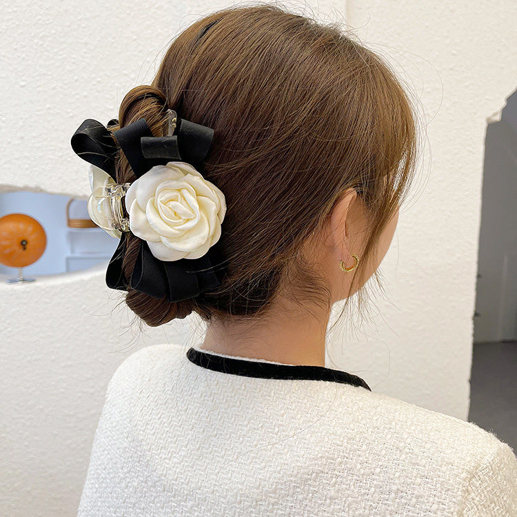 Wholesale white camellia flower black ribbon hair claw clips (5 pcs)