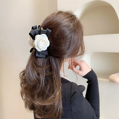 Wholesale white camellia flower black ribbon hair claw clips (5 pcs)