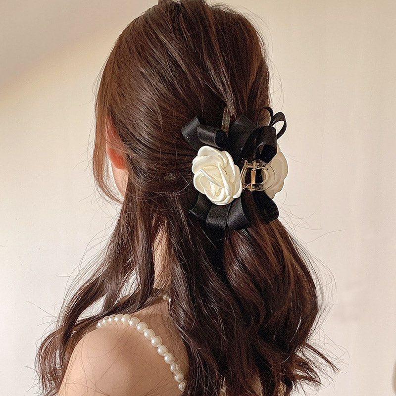 Wholesale white camellia flower black ribbon hair claw clips (5 pcs)