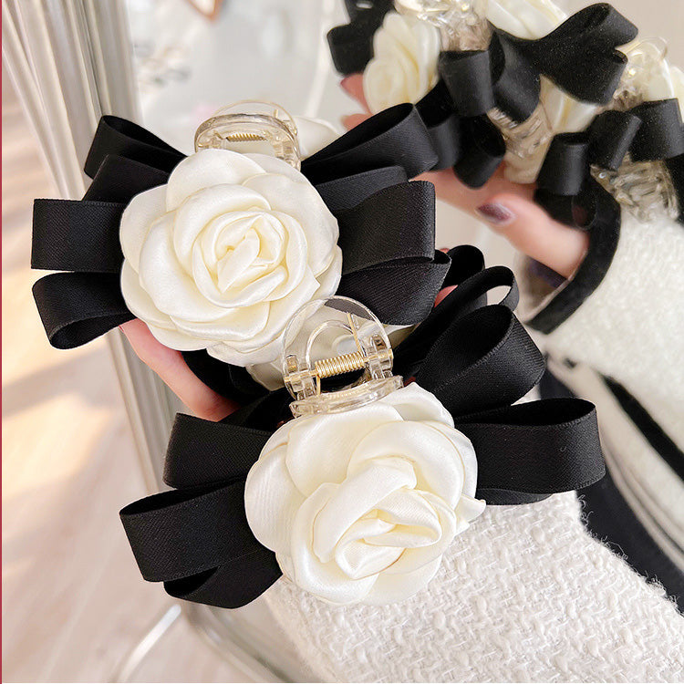 Wholesale white camellia flower black ribbon hair claw clips (5 pcs)