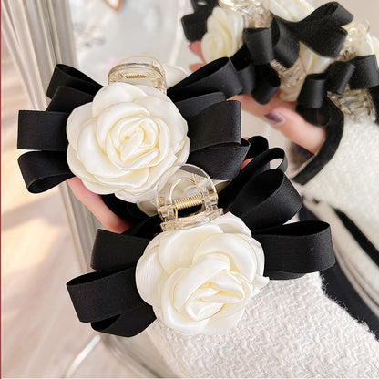 Wholesale white camellia flower black ribbon hair claw clips (5 pcs)