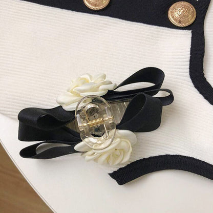 Wholesale white camellia flower black ribbon hair claw clips (5 pcs)