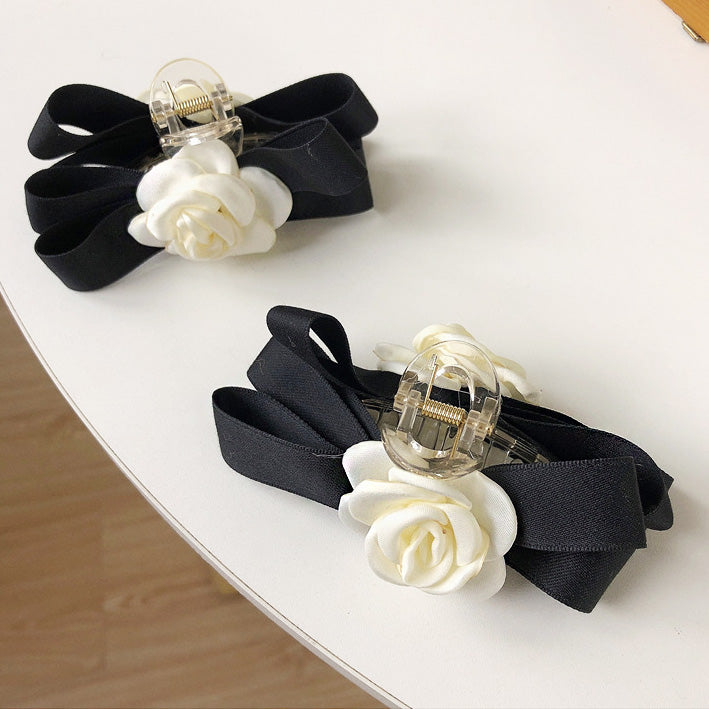 Wholesale white camellia flower black ribbon hair claw clips (5 pcs)