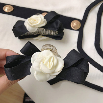 Wholesale white camellia flower black ribbon hair claw clips (5 pcs)