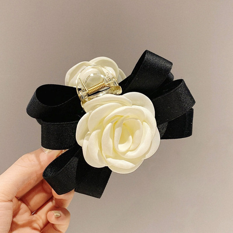 Wholesale white camellia flower black ribbon hair claw clips (5 pcs)