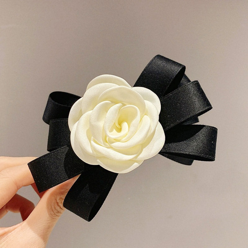 Wholesale white camellia flower black ribbon hair claw clips (5 pcs)