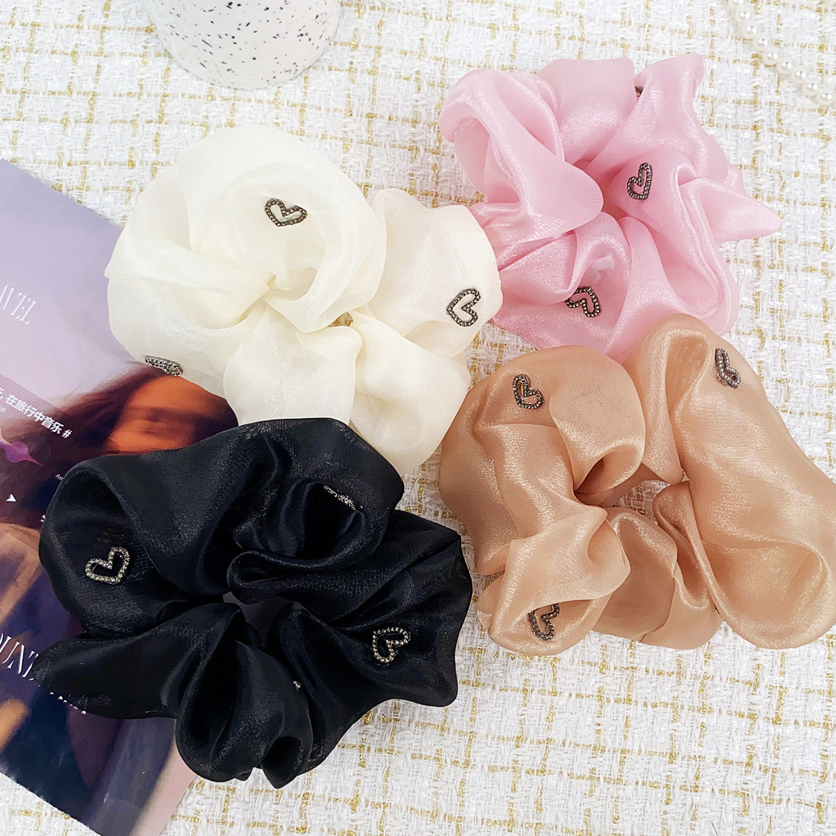 Women heart charms silk elastic scrunchies hair tie bands (5 pcs)