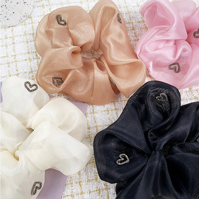 Women heart charms silk elastic scrunchies hair tie bands (5 pcs)