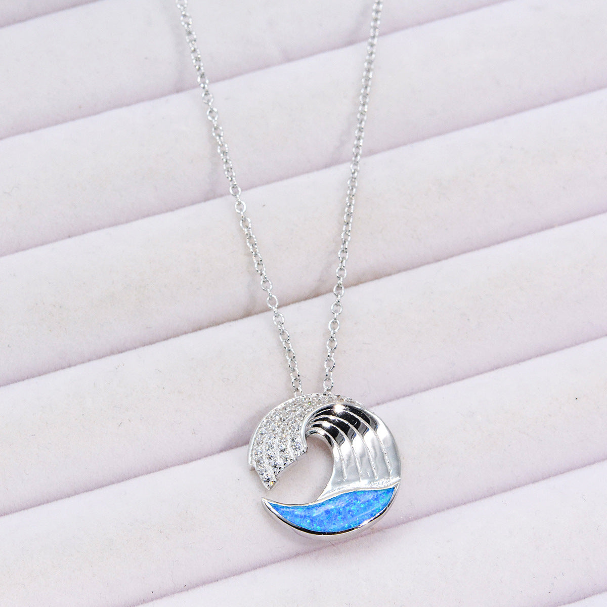 Collier pendentif vague en argent sterling 925 avec opale bleu mer et zircon ensemble de 10