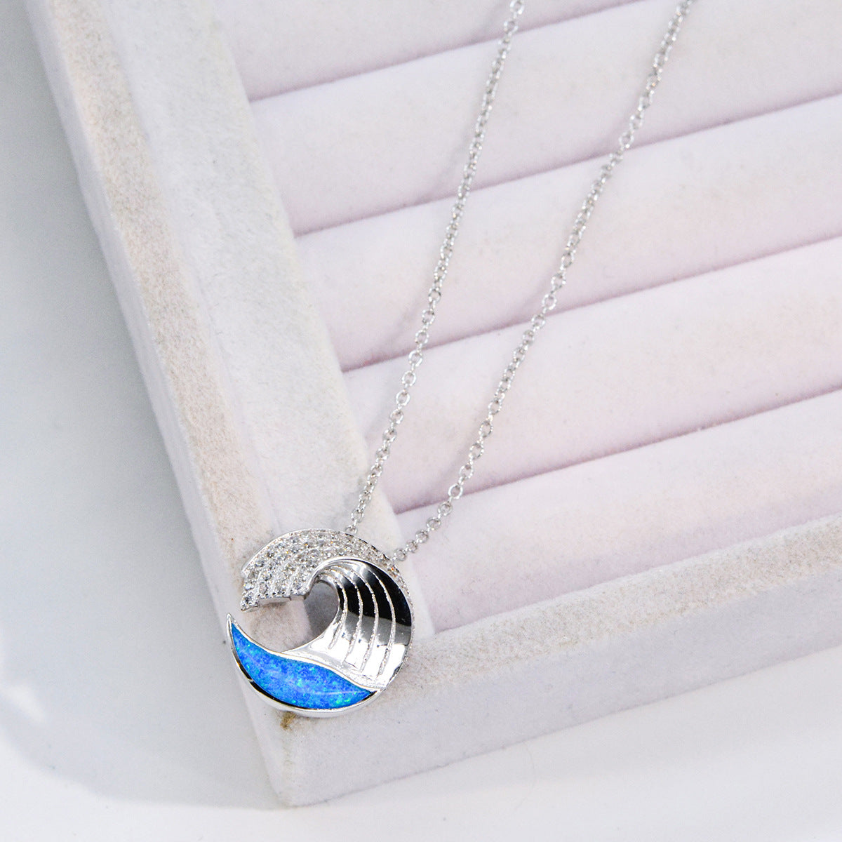 Collier pendentif vague en argent sterling 925 avec opale bleu mer et zircon ensemble de 10