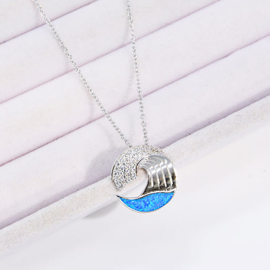 Collier pendentif vague en argent sterling 925 avec opale bleu mer et zircon ensemble de 10