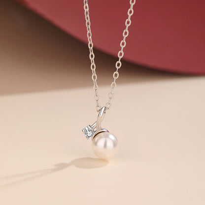 925 sterling silver simple single pearl and cubic zirconia pendant necklace set of 5