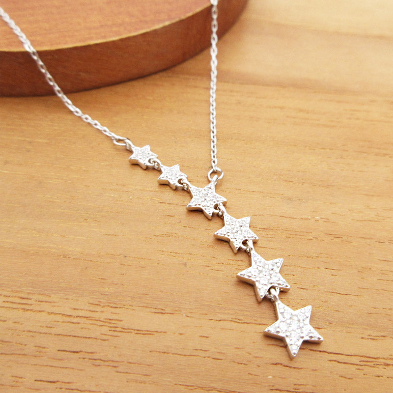 Collar con borla de seis estrellas brillantes en plata de ley 925, juego de 10