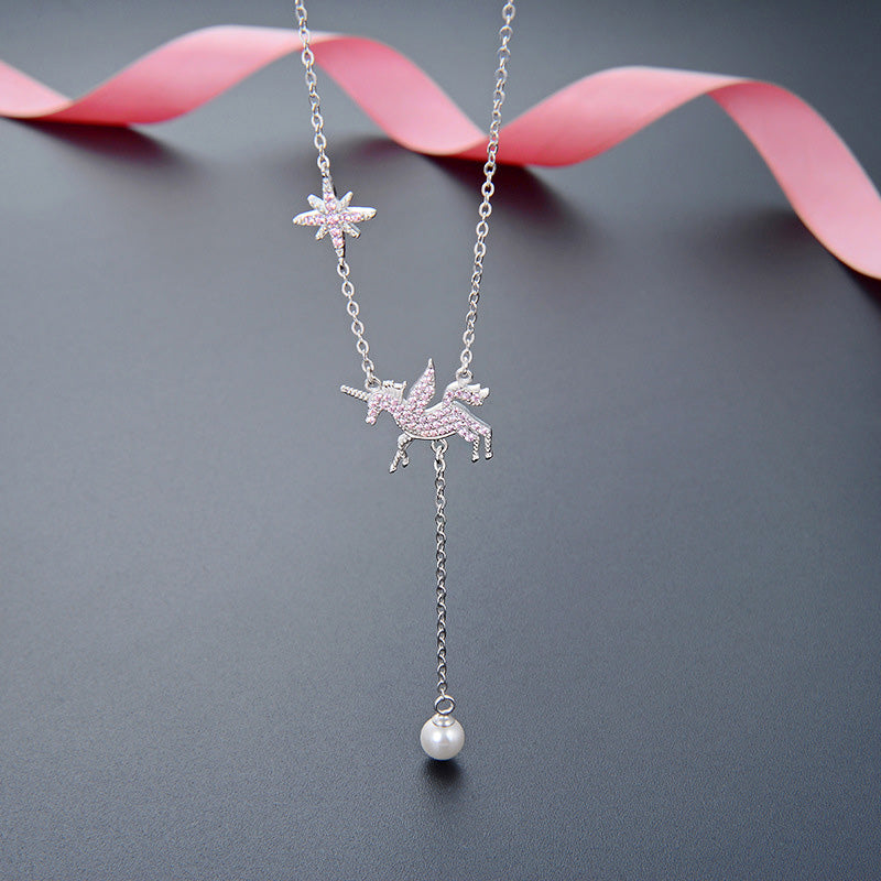 925 sterling silver pink zirconia unicorn drop pearl Y chain necklaces set of 5