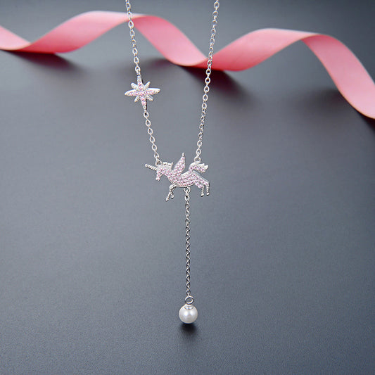 925 sterling silver pink zirconia unicorn drop pearl Y chain necklaces set of 10