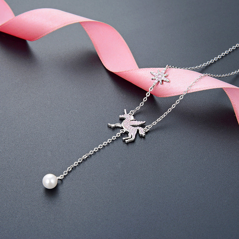 925 sterling silver pink zirconia unicorn drop pearl Y chain necklaces set of 5