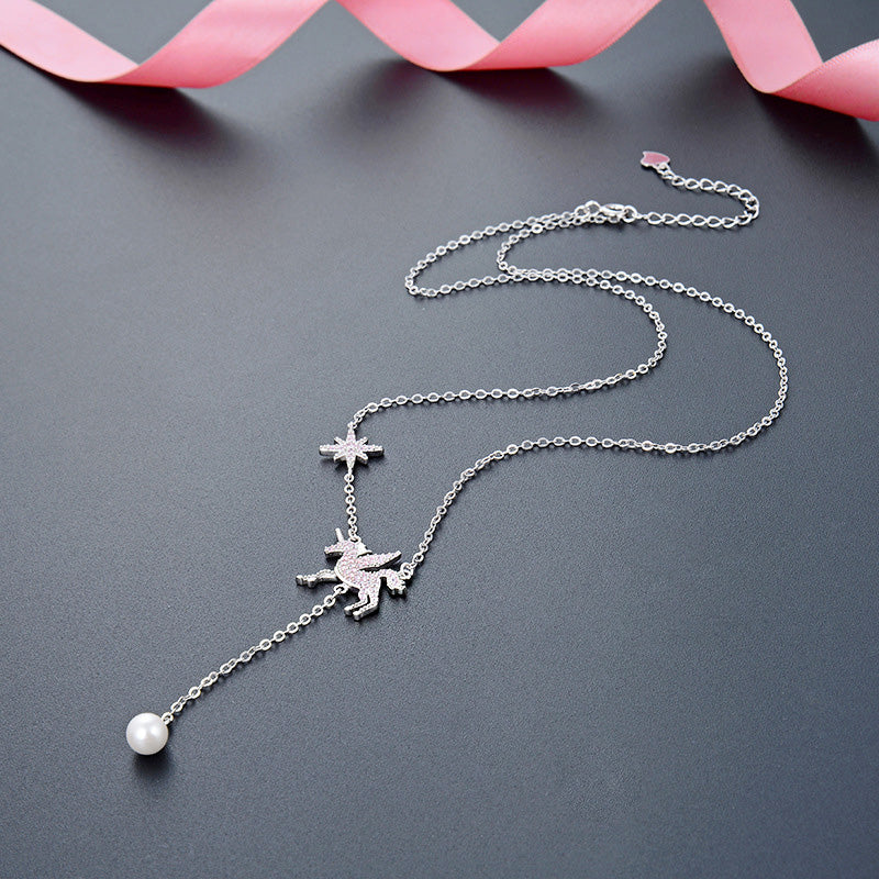 925 sterling silver pink zirconia unicorn drop pearl Y chain necklaces set of 5