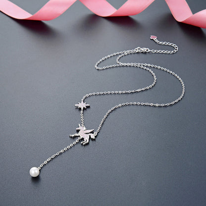 925 sterling silver pink zirconia unicorn drop pearl Y chain necklaces set of 5