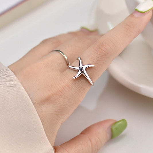 S925 sterling silver sea beach ocean starfish adjustable open rings Set of 5