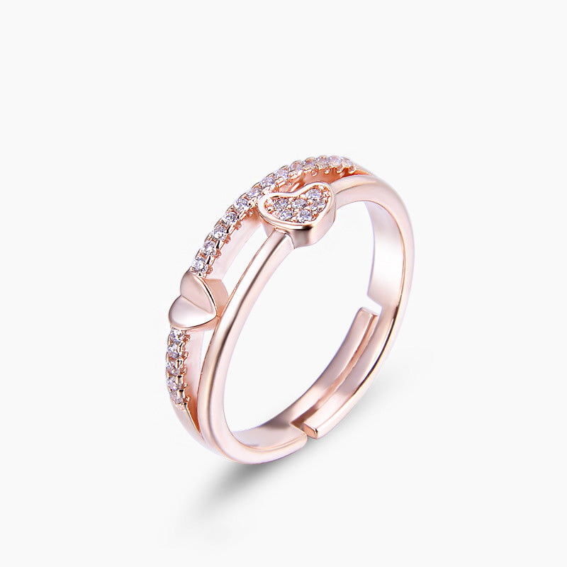 Anillo con apertura de circonita cúbica en forma de corazón de doble capa de oro rosa y plata de ley 925, juego de 10