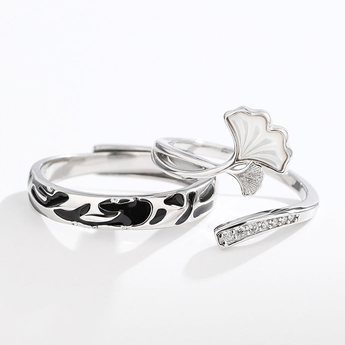 Ensemble de bagues de couple réglables en argent sterling 925 avec motif ginkgo (10 ensembles)