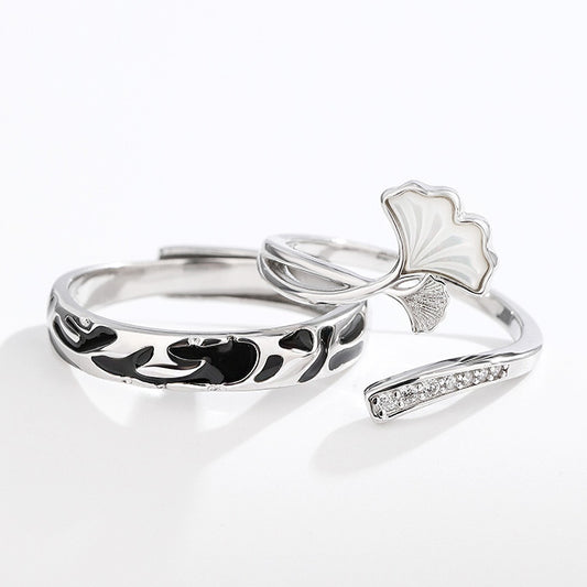 Ensemble de bagues de couple réglables en argent sterling 925 avec motif ginkgo (10 ensembles)