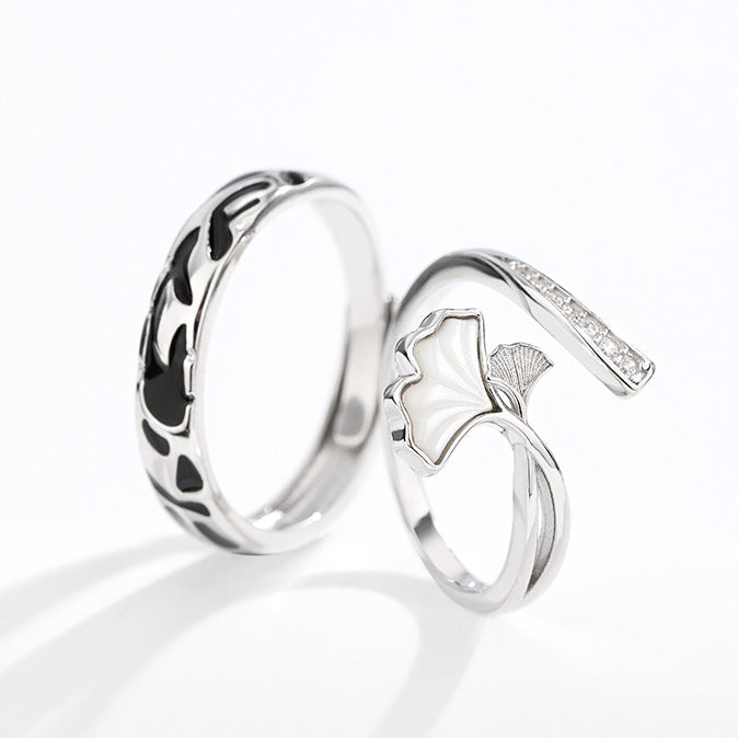 Ensemble de bagues de couple réglables en argent sterling 925 avec motif ginkgo (10 ensembles)