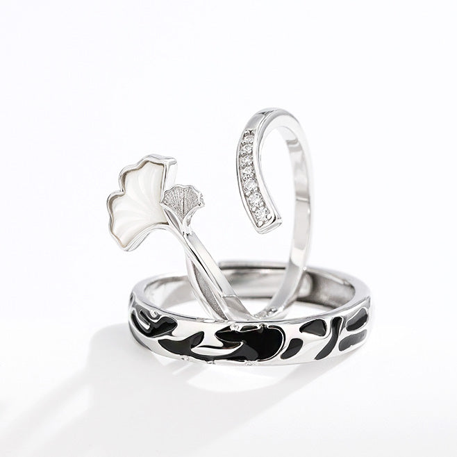 Ensemble de bagues de couple réglables en argent sterling 925 avec motif ginkgo (10 ensembles)