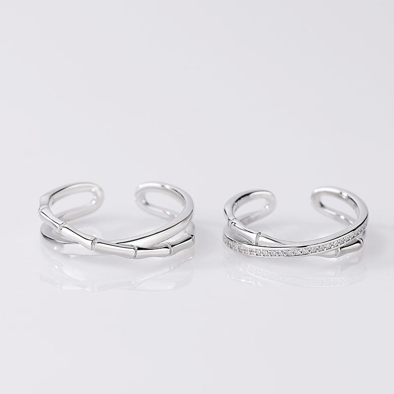 925 sterling silver bamboo cross design cuff open couple ring set (5 sets)