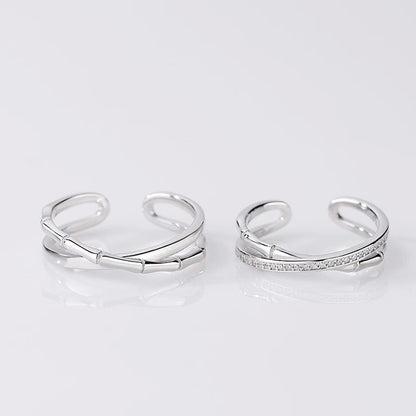 Ensemble de bagues de couple ouvertes en forme de croix de bambou en argent sterling 925 (10 ensembles)