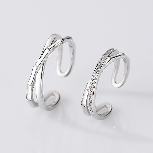 Ensemble de bagues de couple ouvertes en forme de croix de bambou en argent sterling 925 (10 ensembles)