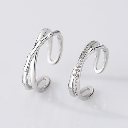 925 sterling silver bamboo cross design cuff open couple ring set (5 sets)