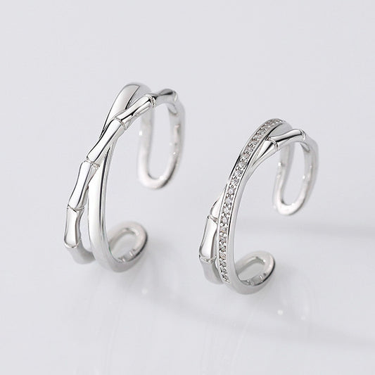 925 sterling silver bamboo cross design cuff open couple ring set (10 sets)