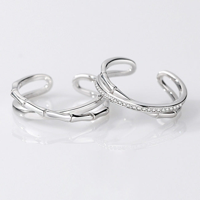 925 sterling silver bamboo cross design cuff open couple ring set (5 sets)