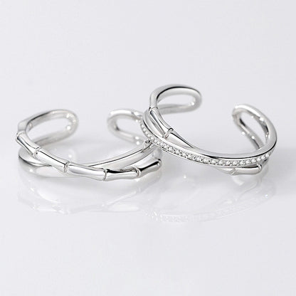 925 sterling silver bamboo cross design cuff open couple ring set (5 sets)