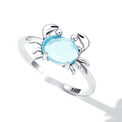 Bague réglable ouverte crabe cristal bleu argent sterling 925 Ensemble de 10