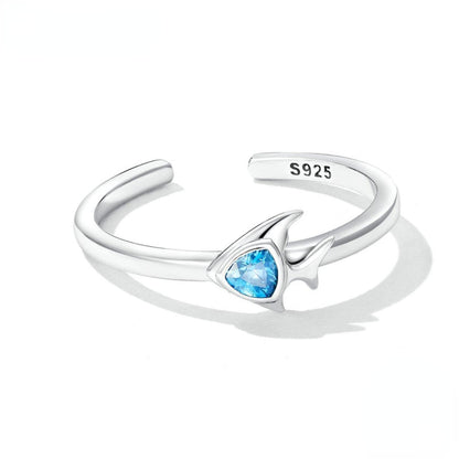 Bague réglable ouverte en argent sterling 925 avec petit poisson en zircon bleu Lot de 10