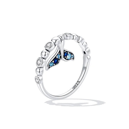 Bague ajustable ouverte en argent sterling 925, CZ bleu clair, queue de sirène, ensemble de 10