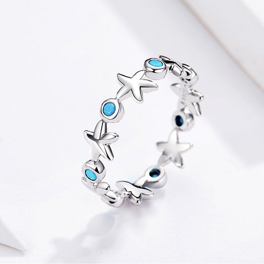 925 sterling silver ocean blue zircon starfish band ring Set of 5