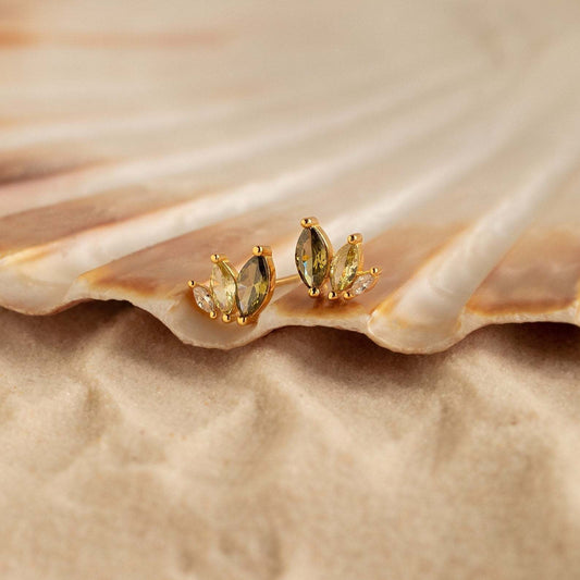 S925 marquise cut CZ stud earrings gold plated with green stones, styled as elegant summer beach jewelry for women